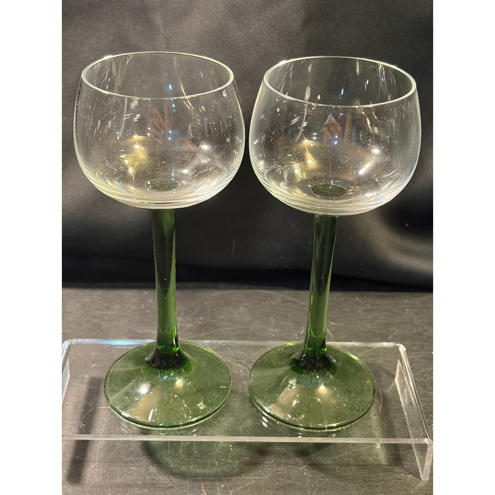 Vintage Uranium Glass Stem Wine Glasses Set of 2 Green Base Clear Bowl 7.5"